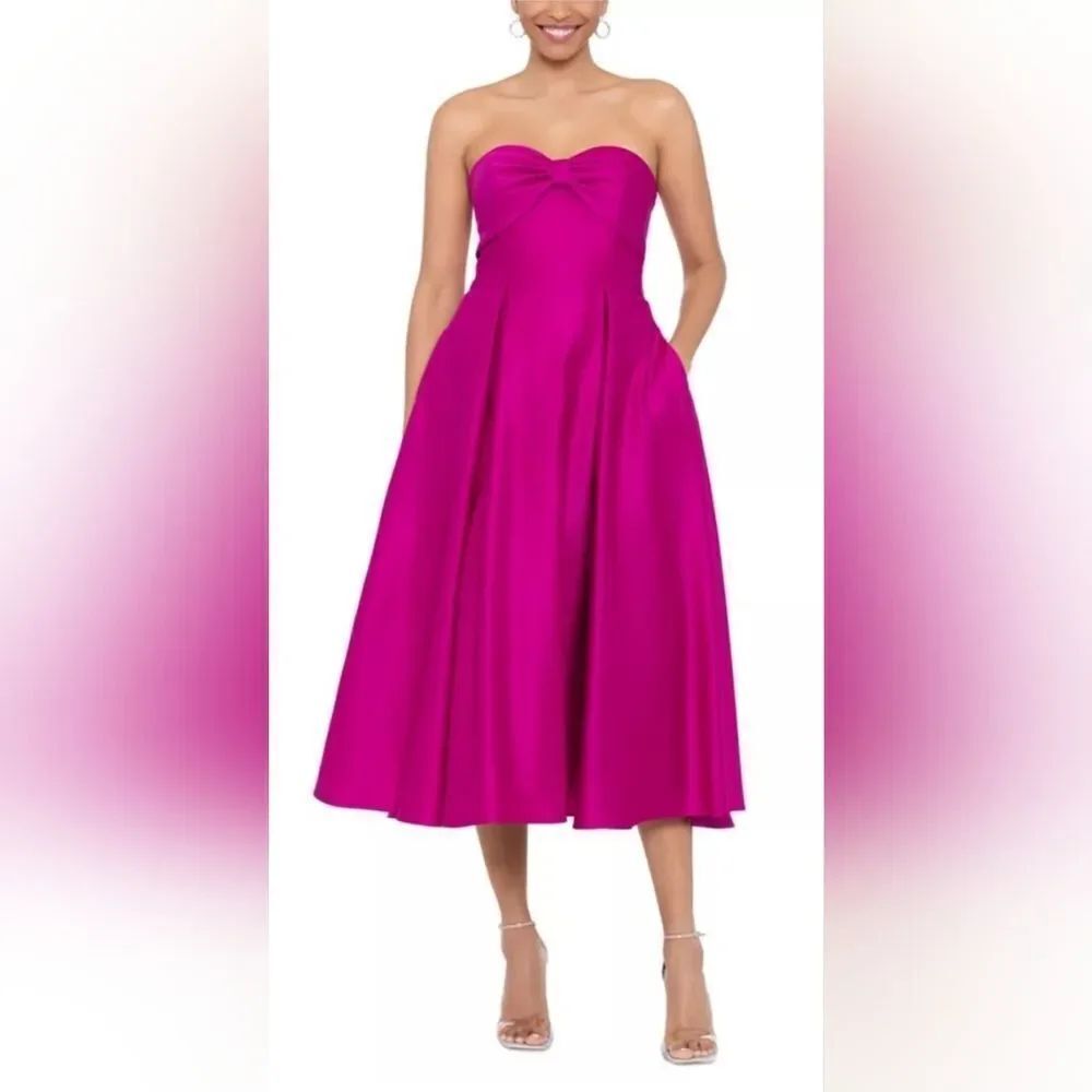 XSCAPE 5640X Strapless Bow-Bodice Midi Party Dress NWT Size 6 Fuscia Pink
